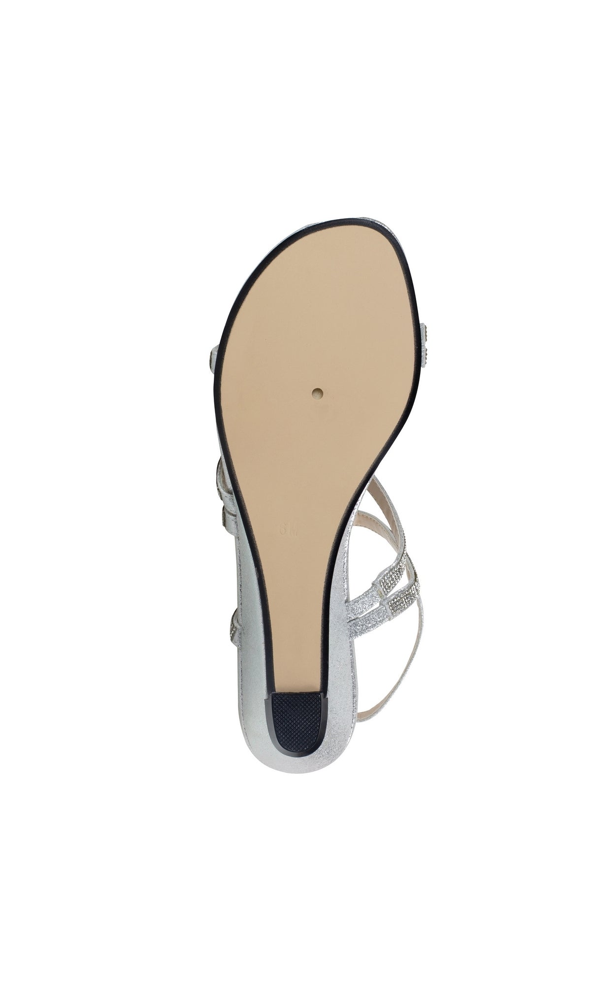 The image displays the Jodi Rhinestone Silver Prom Sandals by Touch Ups 4595, featuring a flat beige sole, small black heel tip, and an elegant open toe design—ideal for special occasions.